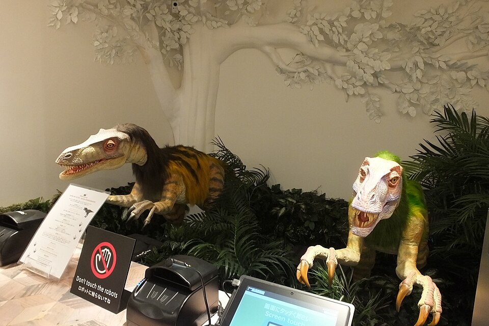 Two dinosaur robot receptionists behind the check-in desk at Henn na Hotel Osaka Shinsaibashi