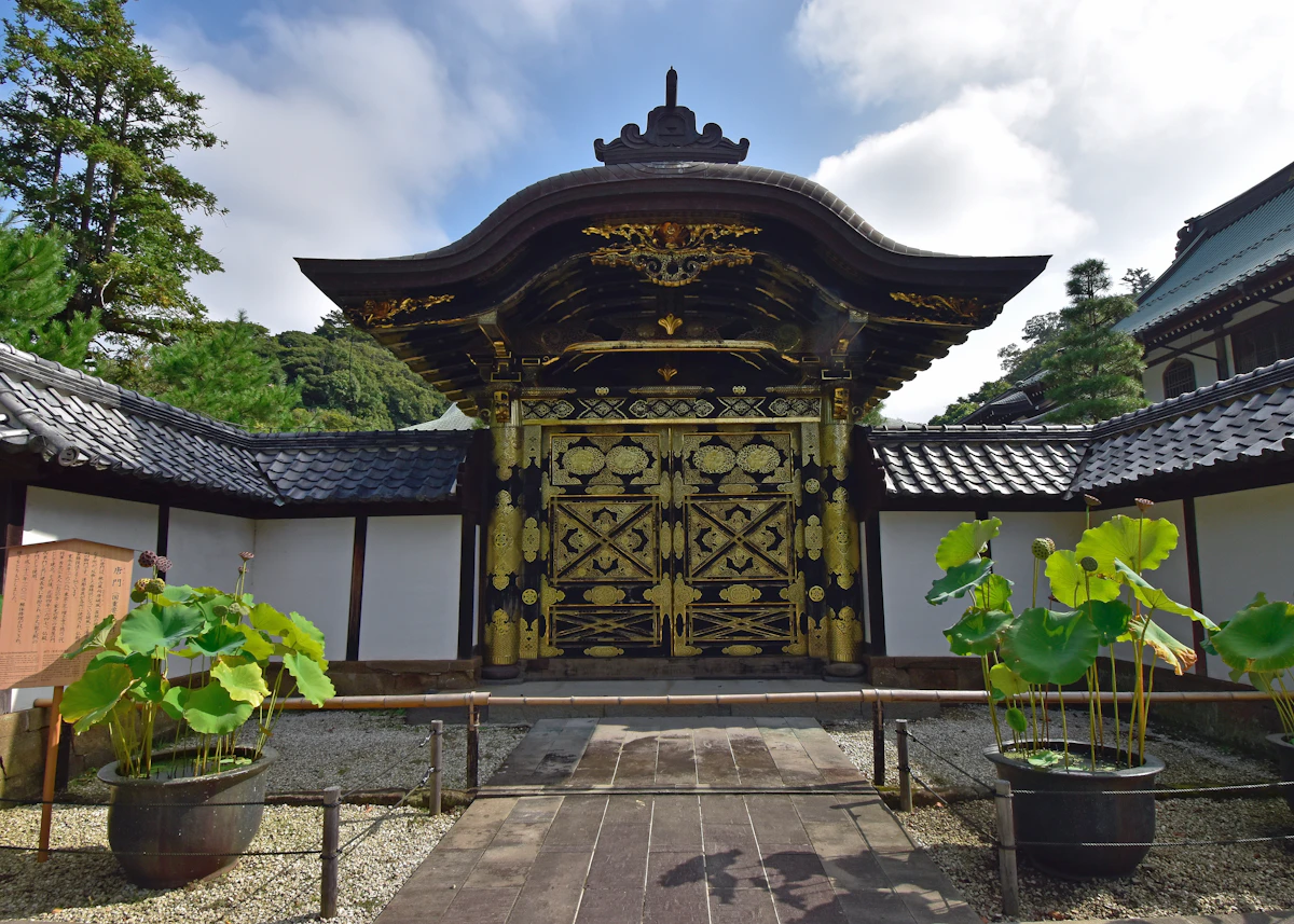 The black and gold Karamon gate at Kenchō-ji, the Zen temple in Kamakura