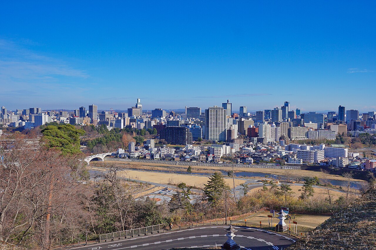 The Sendai city centre skyline and the Hirose River seen from the Sendai Castle ruins on Aoba Hill