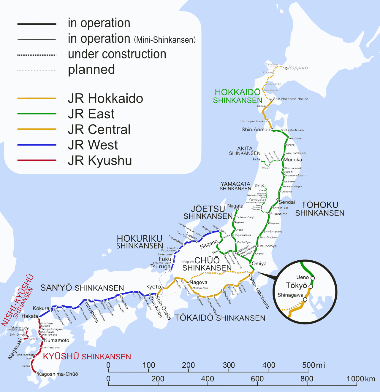 Map of Japan's Shinkansen network showing every line from the Hokkaido Shinkansen in the north to the Kyushu Shinkansen in the south