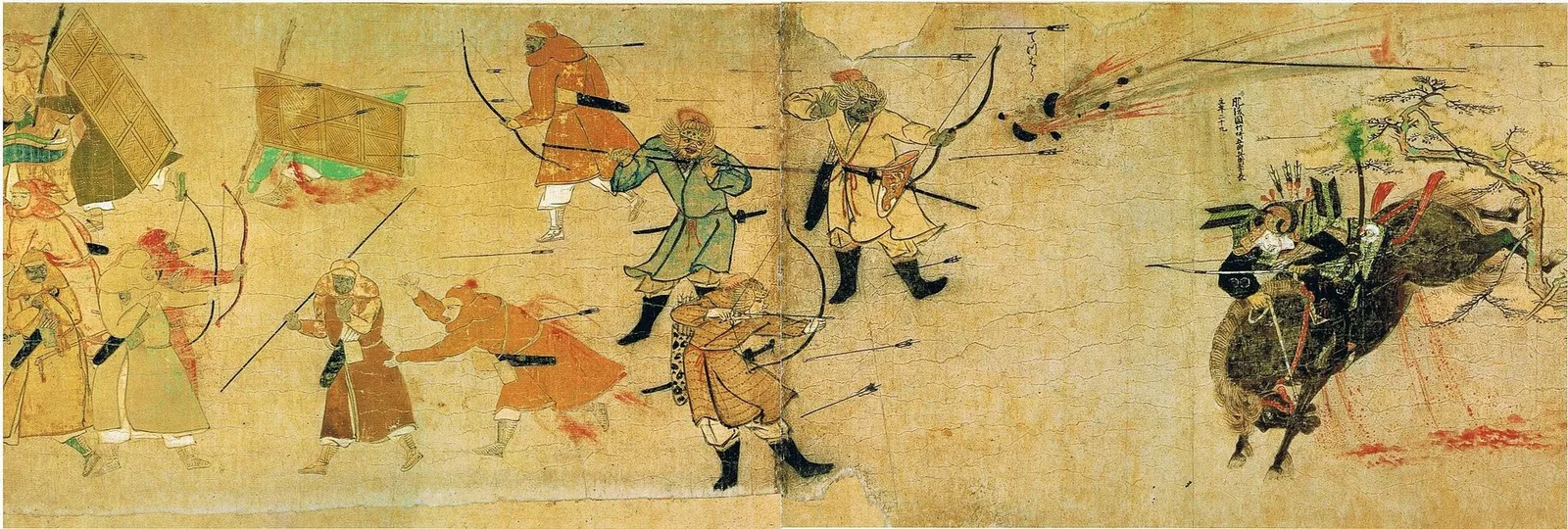 Scroll painting of a wounded samurai on a bleeding horse charging Mongol archers as a bomb bursts above him
