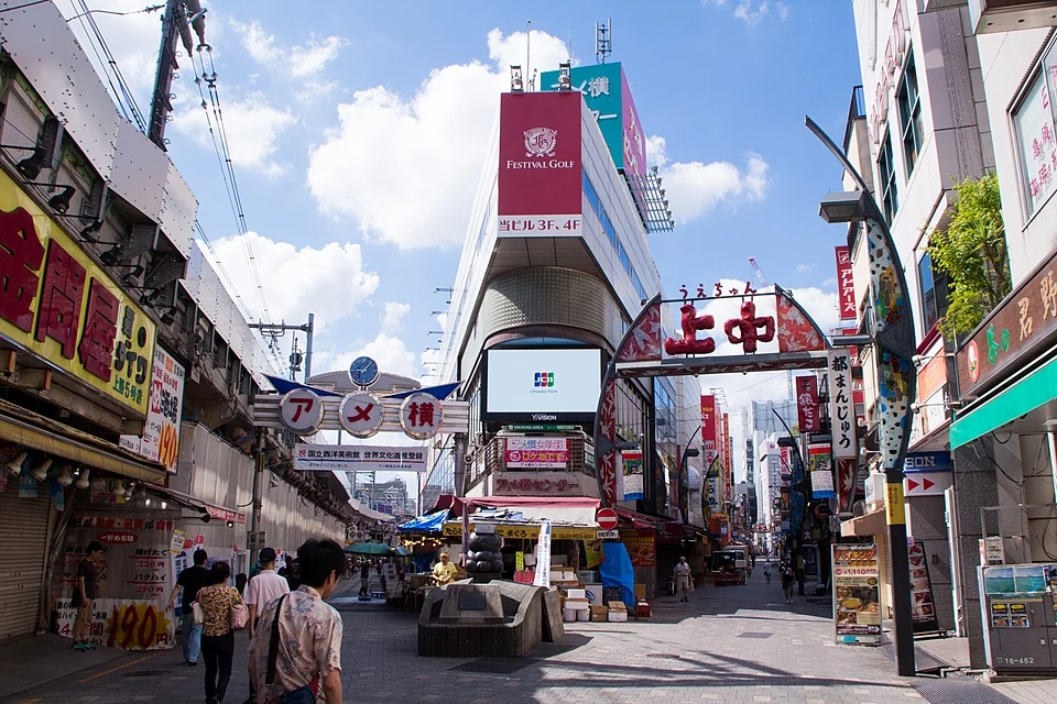Entrance to the Ameyoko shopping street in Ueno, with shops running alongside the elevated railway