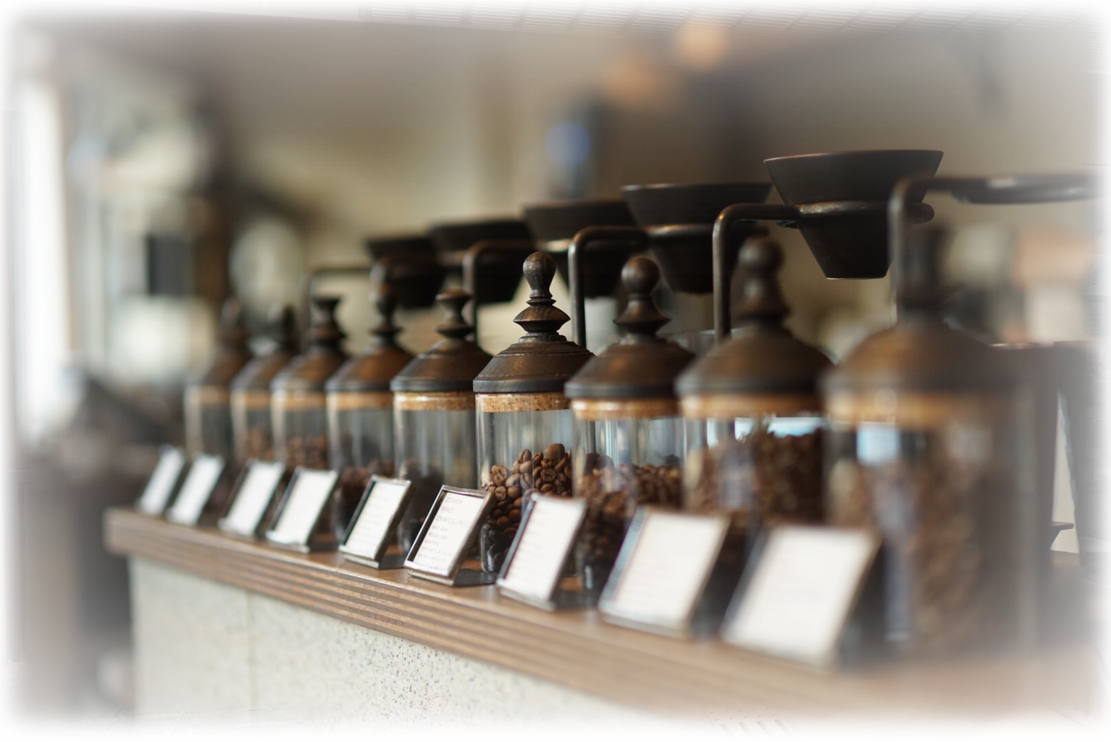 A row of glass canisters of single origin coffee beans on a shelf at Glitch Coffee and Roasters