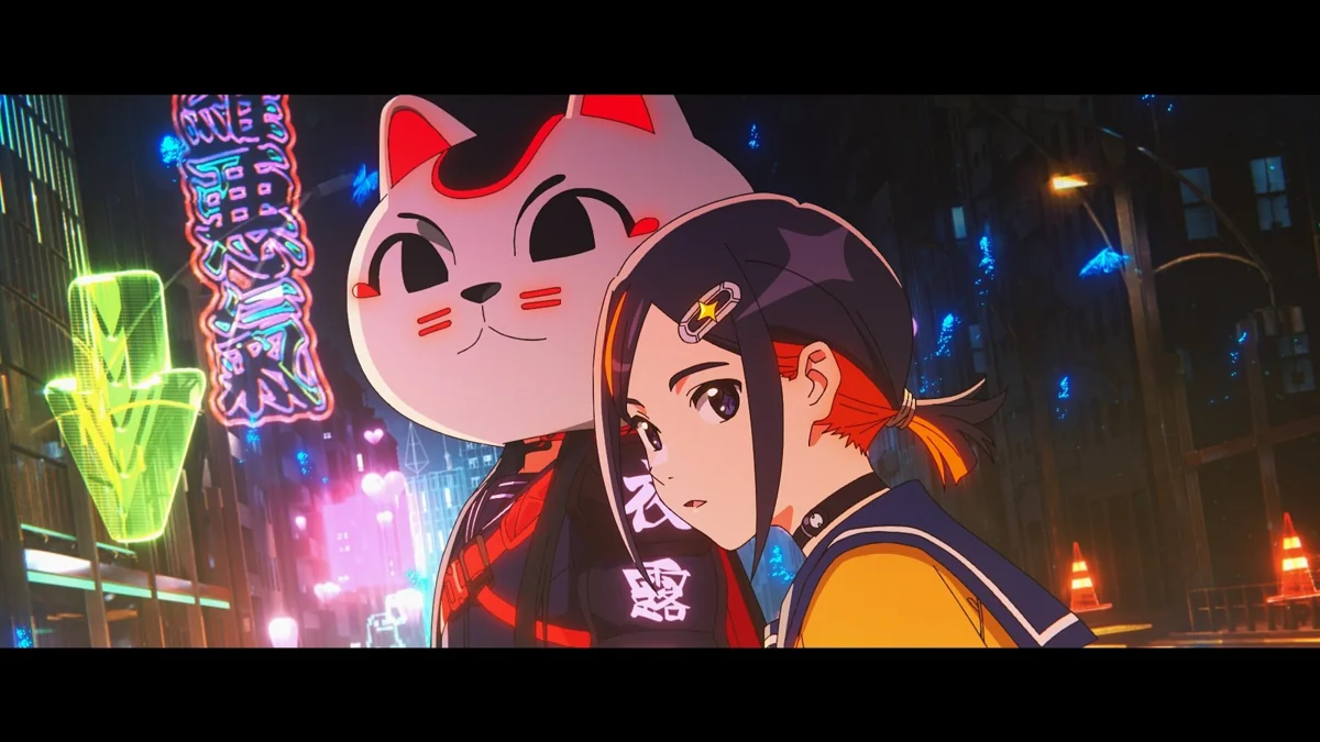 A girl with orange and black hair stands beside a figure in a large white cat mask on a night street lit by neon signs and traffic cones.