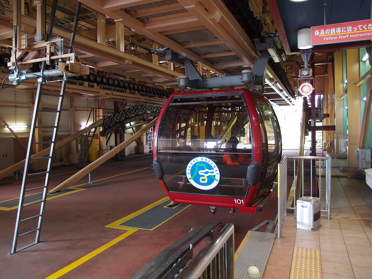 Red Hakone Ropeway gondola waiting at the station platform