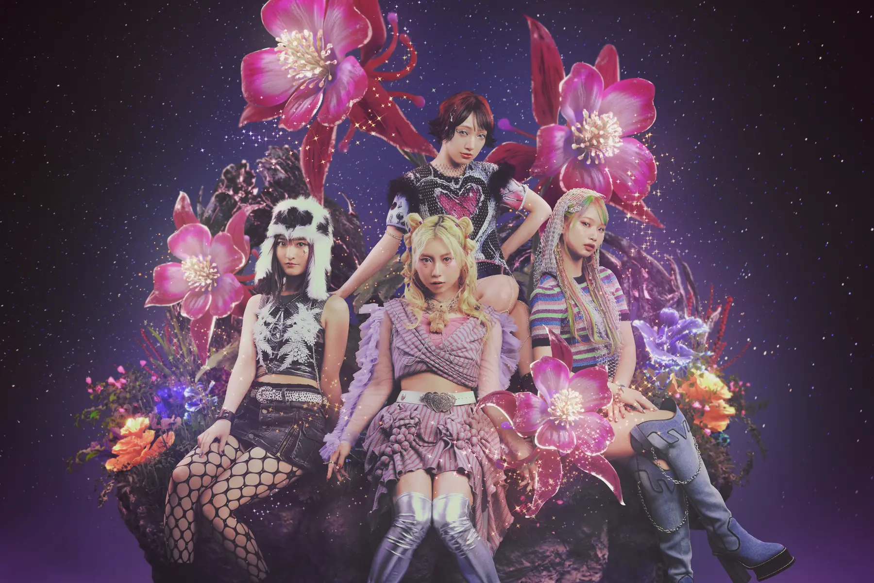 The four members of HANABIE. posing together in front of oversized pink flowers against a starry purple background