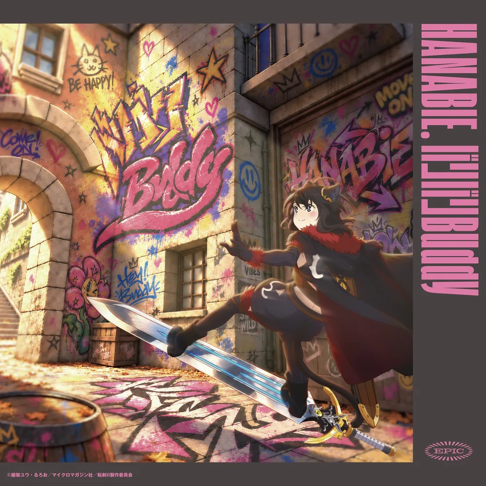 Anime illustration of Fran, a girl with dark hair and a red cloak, leaping with a sword in front of a graffiti covered wall that spells out Buddy