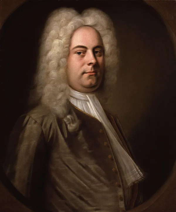 Oil portrait of the composer George Frideric Handel in a brown coat, attributed to Balthasar Denner