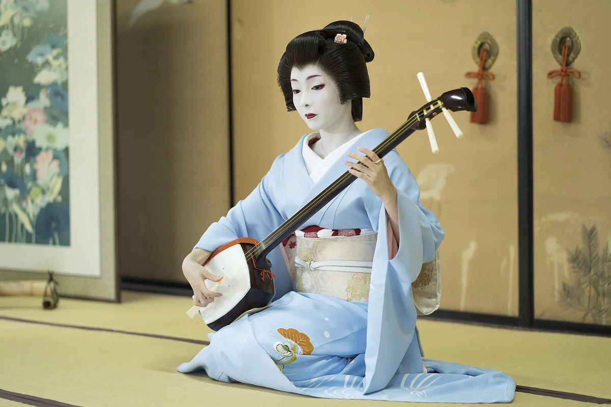 A Kyoto geiko in white make-up, a black wig and a pale blue kimono kneels on tatami in front of painted screens, playing a shamisen with a bachi