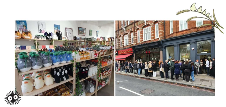 Shelves of Totoro and Catbus plush inside the shop, beside a queue of people outside a dark shopfront on a London street