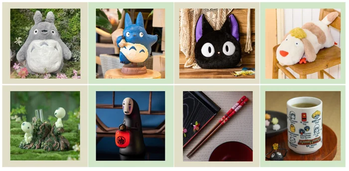 Grid of eight Studio Ghibli products including a grey Totoro plush, a Jiji cushion, a No-Face figure holding a lantern, kodama figures, chopsticks and a tea cup