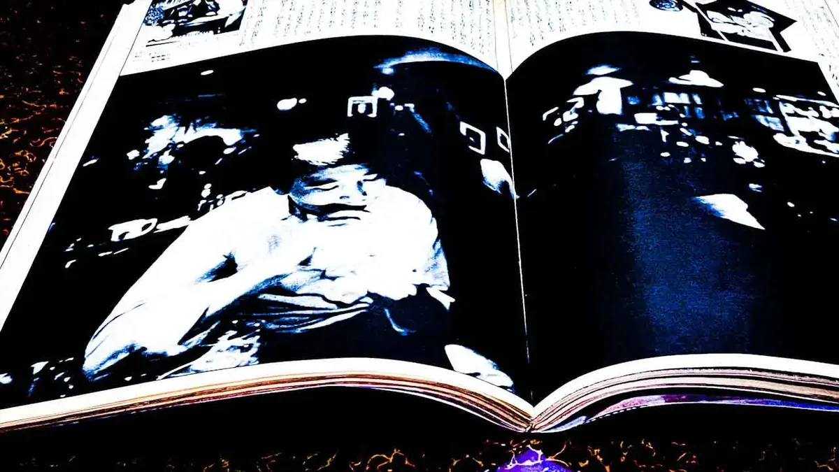 Open Japanese magazine from 1981 showing a high contrast black and white photograph from an interview with Haruki Murakami