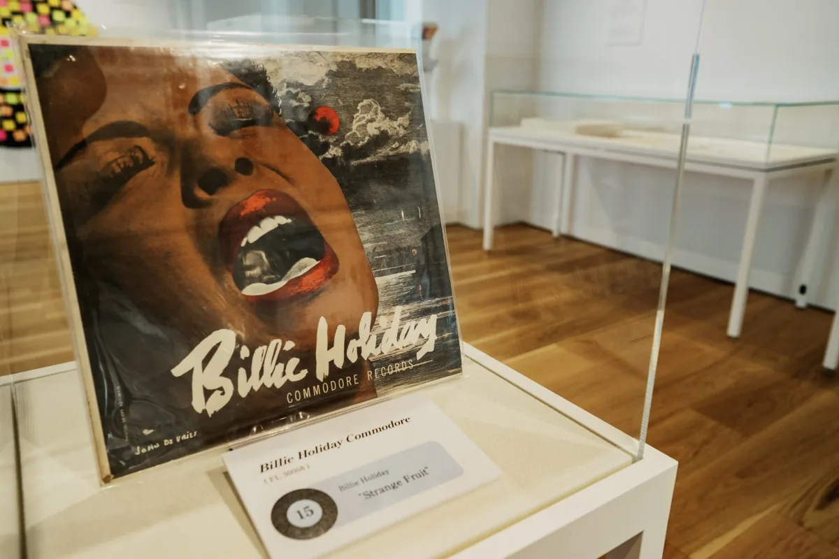 Billie Holiday Commodore record sleeve from Haruki Murakami's collection on display at the Haruki Murakami Library, Waseda University