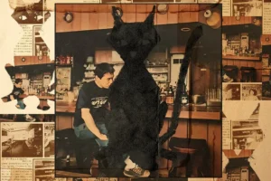 Collage of Haruki Murakami sitting at the counter of his jazz bar Peter Cat in Kokubunji, Tokyo, with a black cat silhouette and old magazine cuttings about the bar