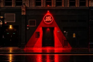 The black frontage of NQJPN at 53 Berwick Street in Soho at night, with a red neon NQJPN sign above the door and a red triangle of light reflected on the wet pavement