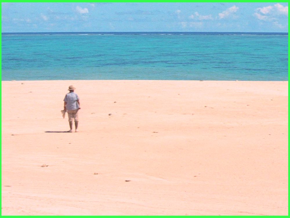 Colour still from Profound Desires of the Gods (1968): a lone figure walks across a wide pink sand beach towards a turquoise sea