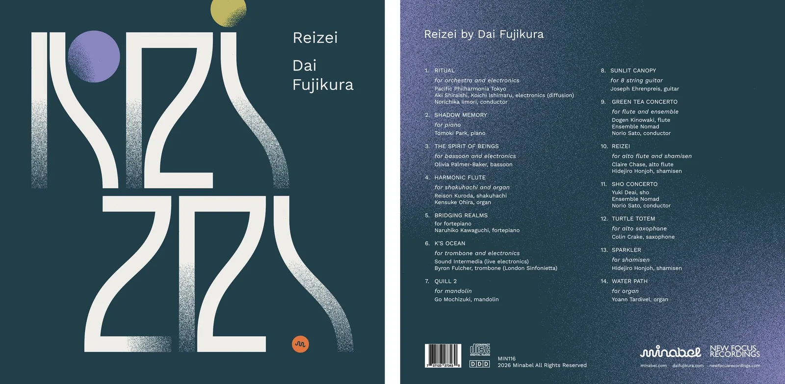 The front and back covers of Reizei side by side. The front spells the title in tall white letterforms on dark blue; the back lists the fourteen tracks and performers.
