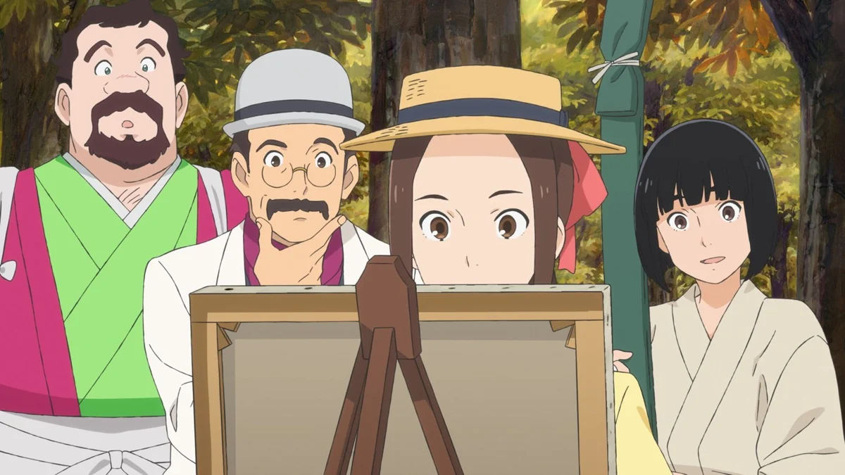 A young woman in a straw hat peers over the top of a painting on an easel, watched by three onlookers in a park.