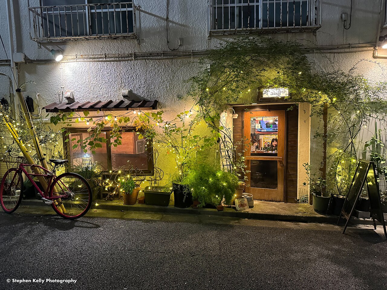 A small Shimokitazawa restaurant at night, its front covered in ivy and fairy lights with a bicycle parked outside