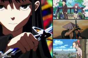 Collage of four Scotland Loves Anime 2026 film stills: a woman with long black hair holding a sword in Ghost, Shoya and Shoko on a bridge under cherry blossom in A Silent Voice, a swordsman in a straw hat drawing his blade in Ninja Scroll, and a girl leaning out of a window above Paris in Samurai Ballerina, with the Glasgow Film Theatre logo in the corner.