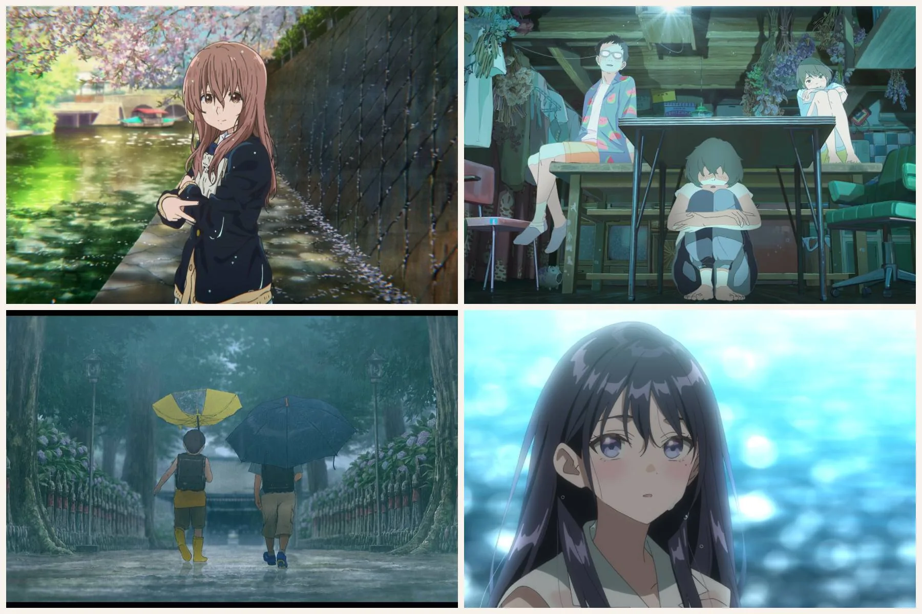 Collage of four Scotland Loves Anime 2026 film stills: Shoko beside a canal under cherry blossom in A Silent Voice, three young friends in a cluttered workshop in A New Dawn, two boys with yellow and blue umbrellas on a rainy path in We Are Aliens, and a close-up of a girl with long black hair by the sea in To You in the Beyond.