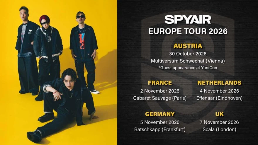 SPYAIR Europe Tour 2026 poster: the four band members in denim posing against a yellow wall on the left, and on the right the tour dates in Vienna, Paris, Eindhoven, Frankfurt and London, with Scala on 7 November 2026 as the final date