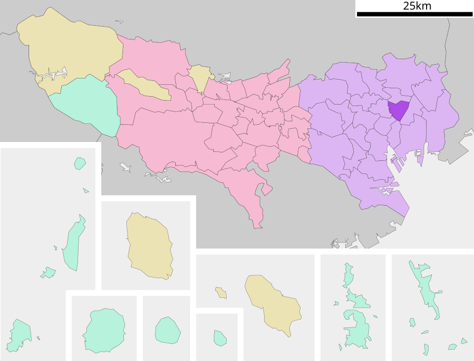 Map of Tokyo Metropolis with Taito Ward highlighted in the east of the 23 special wards