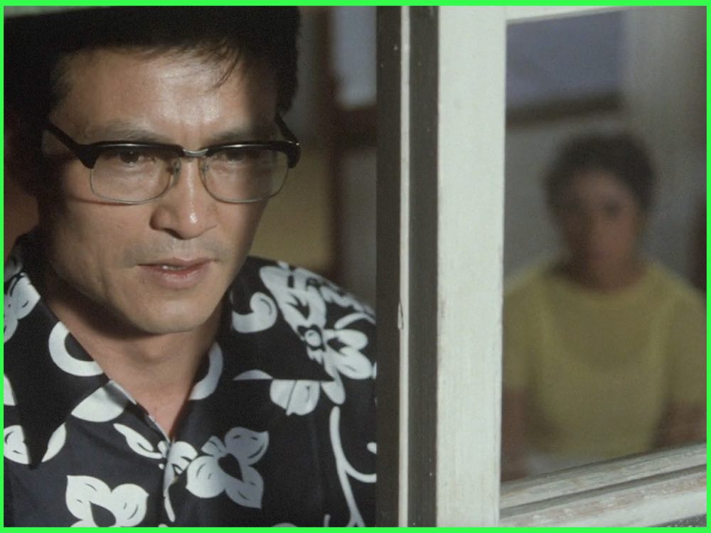 Colour still from Vengeance Is Mine (1979): Ken Ogata in glasses and a patterned shirt, with a woman blurred behind a window