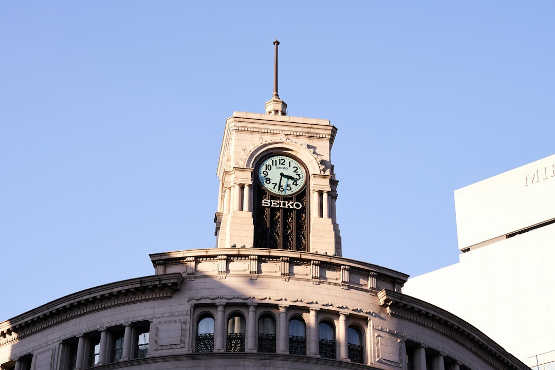 The Seiko clock tower on top of the curved Wako building at Ginza 4-chome crossing